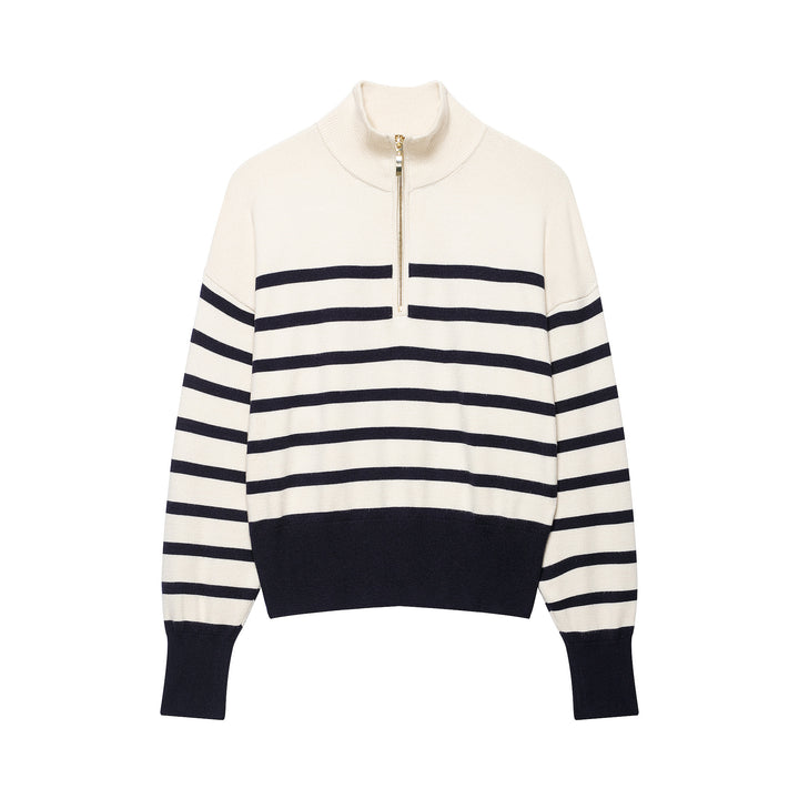 Women's Striped Half-Zip Knit Sweater with Stand-up Collar Mune Fashion