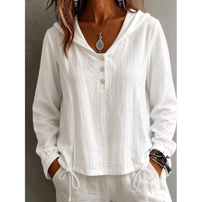 Women's Light Hooded Blouse made of Cotton Crinkle with Button Placket and Drawstring Hem Mune Fashion