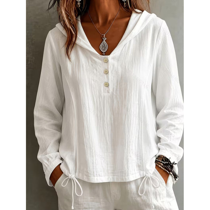 Women's Light Hooded Blouse made of Cotton Crinkle with Button Placket and Drawstring Hem Mune Fashion