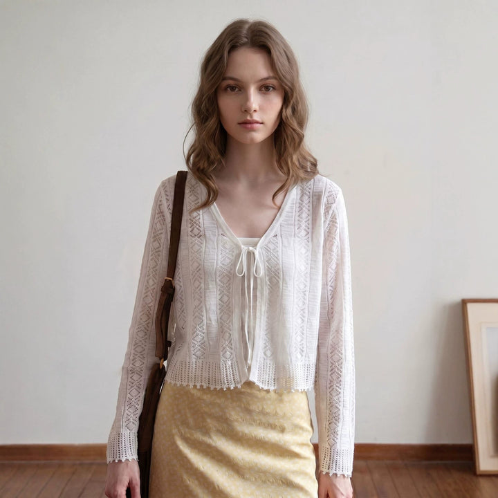 Women's Lightweight Crocheted Short Cardigan with V-Neck, Tie Band and Lace Pattern Mune Fashion