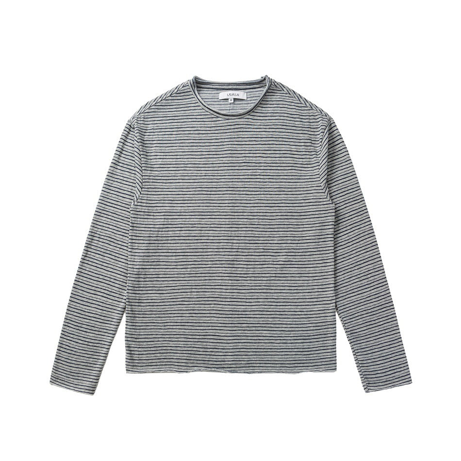 Unisex Fine Striped Long Sleeve Shirt made of Cotton Blend with Round Neck Mune Fashion