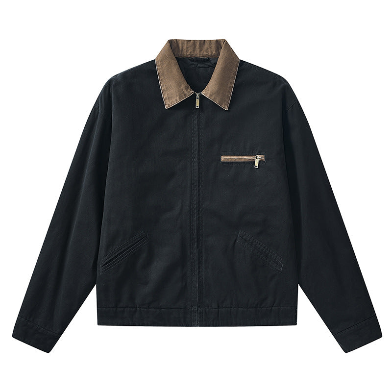 Men's  vintage-inspired zip-front workwear jacket with contrast collar and angled welt pockets Mune Fashion