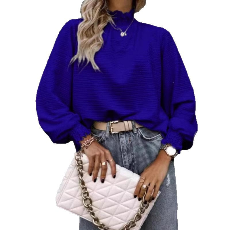 Women Loose Structured Long Sleeve Top with Ruffle Collar and Smocked Cuffs Drune