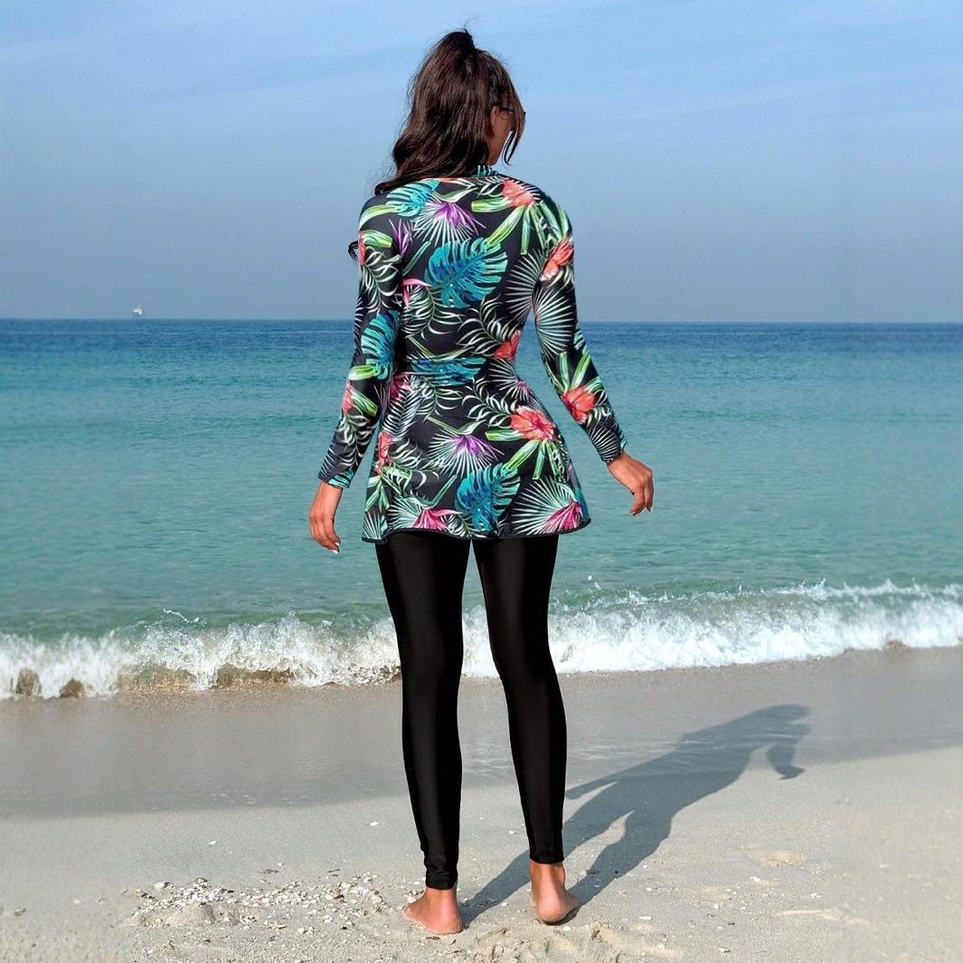Ladies' Sporty Long Sleeve Swimsuit with Flared Skirt Mune Fashion
