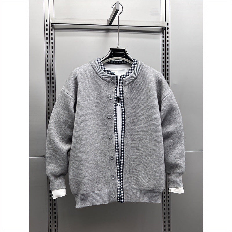 Unisex Casual Knit Jacket in Layering Look with Round Neck and Contrast Check Inner Layer Mune Fashion