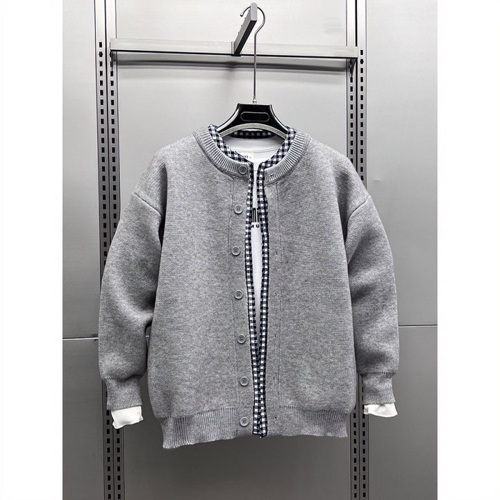 Unisex Casual Knit Jacket in Layering Look with Round Neck and Contrast Check Inner Layer Mune Fashion