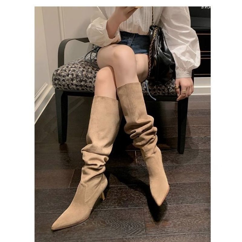 Women's slouch boots made of suede look with pointed toe shape and low kitten heel Mune Fashion