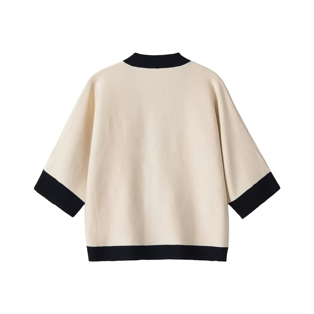 Women Short-Sleeved Knit Poncho Cardigan with Contrast Trim and Decorative Gold Buttons Mune Fashion