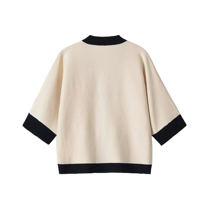 Women Short-Sleeved Knit Poncho Cardigan with Contrast Trim and Decorative Gold Buttons Mune Fashion