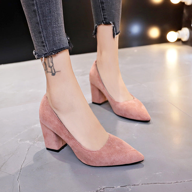 Women's Velvety Pointed Pumps with Mid-Height Geometric Block Heel Mune Fashion