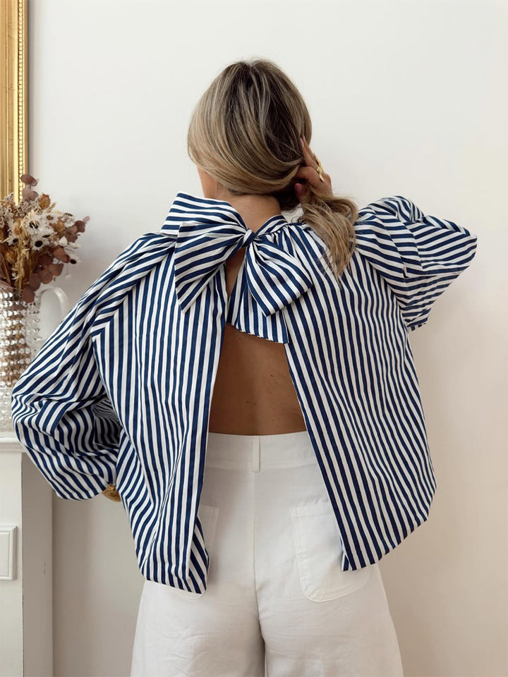Women Backless Striped Blouse Top with Bow Collar Mune Fashion