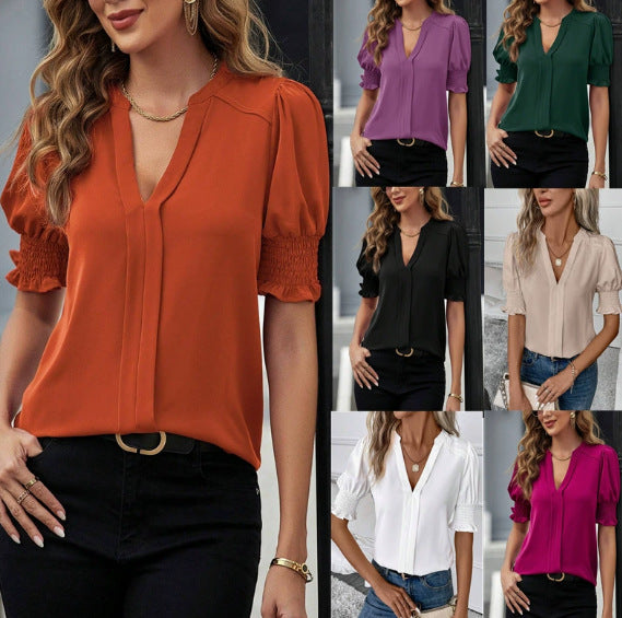 Women's blouse with V-neck, gathered smock sleeves and soft drape Mune Fashion