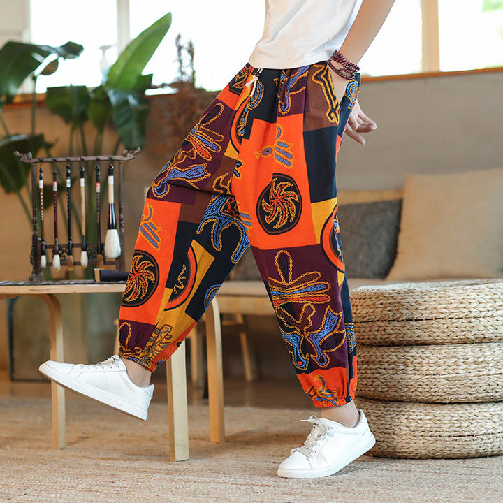 Men's Wide Harem Pants in Boho Print with Elastic Drawstring and Ruffled Anklebands Mune Fashion
