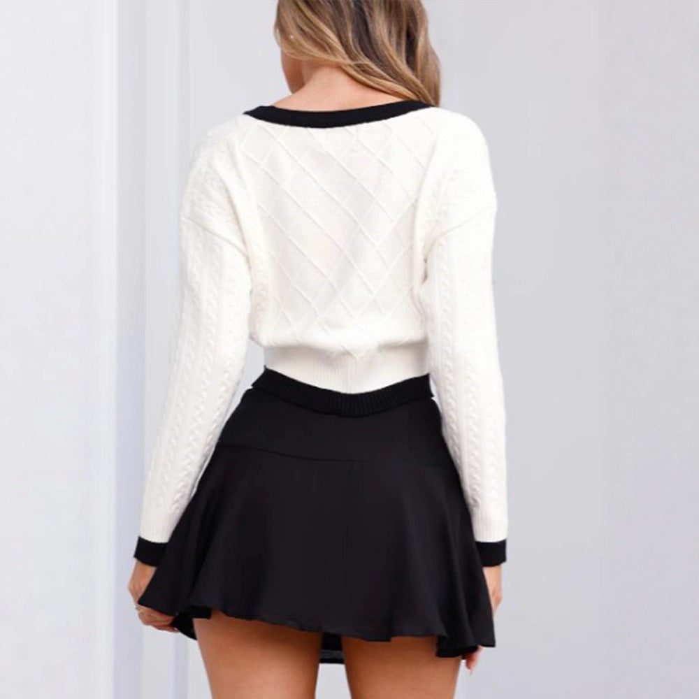 Women Short Cropped Cardigan with V-Neck, Cable Knit Pattern and Contrast Trims Mune Fashion