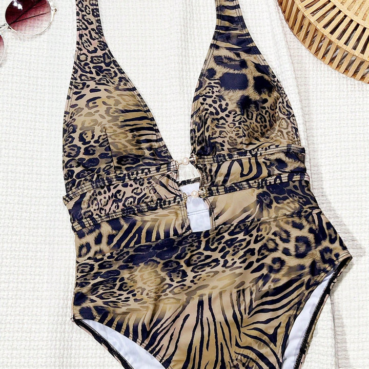 Ladies Premium One-Piece Swimsuit with Deep V-Neck and Elegant Jewelry Details Mune Fashion