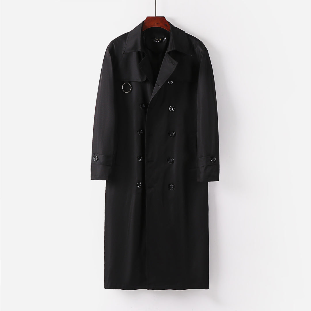 Men's Long Cut Double-Breasted Trench Coat with Waist Belt and Decorative Ring Detail Mune Fashion