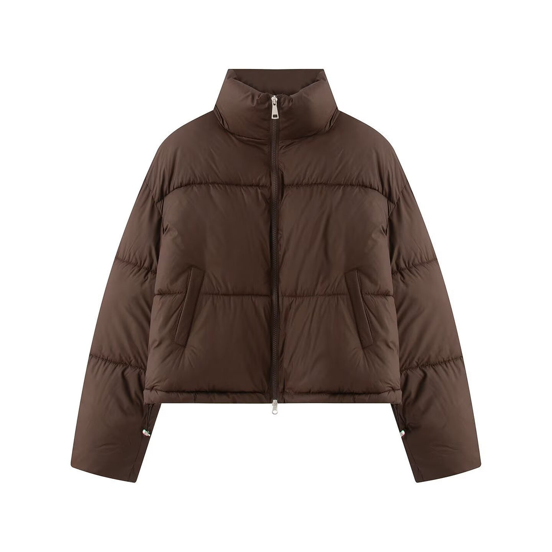 Women's Cropped Oversize Puffer Jacket with High Stand Collar and Two-Way Zipper Mune Fashion