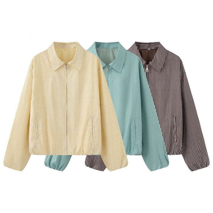 Ladies lightweight striped short jacket in blouson style with shirt collar and elastic hem Mune Fashion