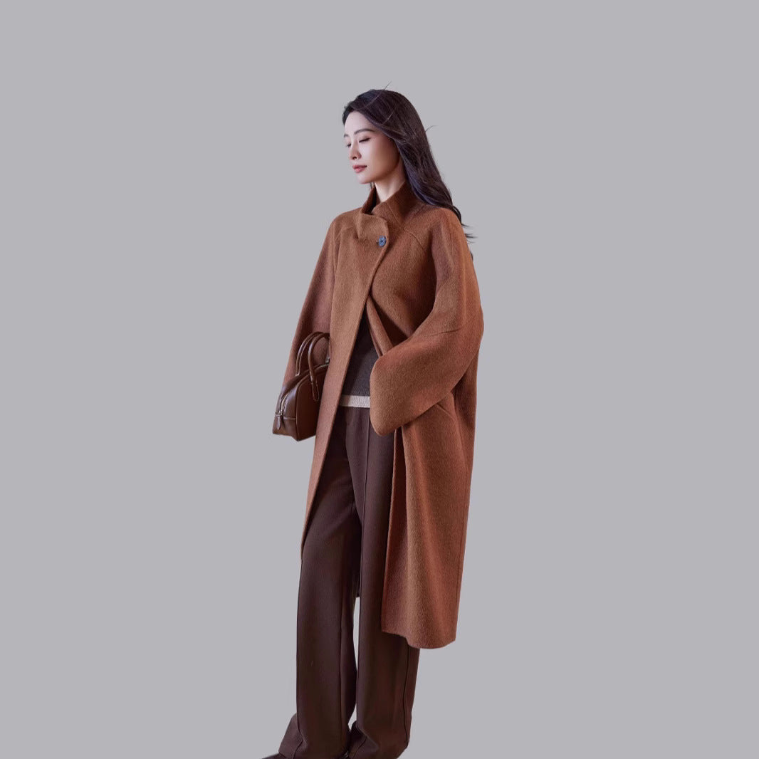 Women's Oversized Wool Coat with Stand Collar and Single-Button Closure Mune Fashion
