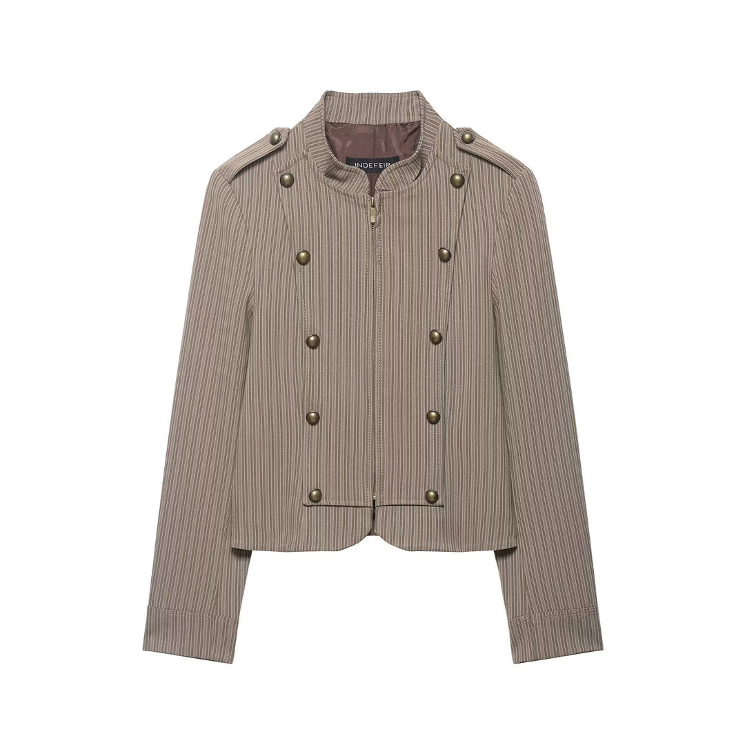 Women's short blazer in military style with stand-up collar and decorative buttons Mune Fashion