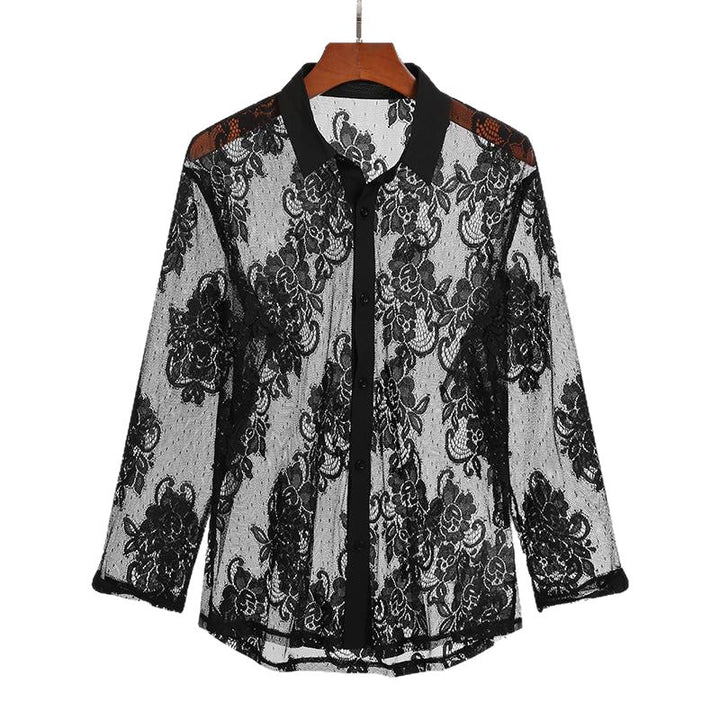Ladies nan lightweight floral lace blouse with shirt collar and decorative button placket Mune Fashion