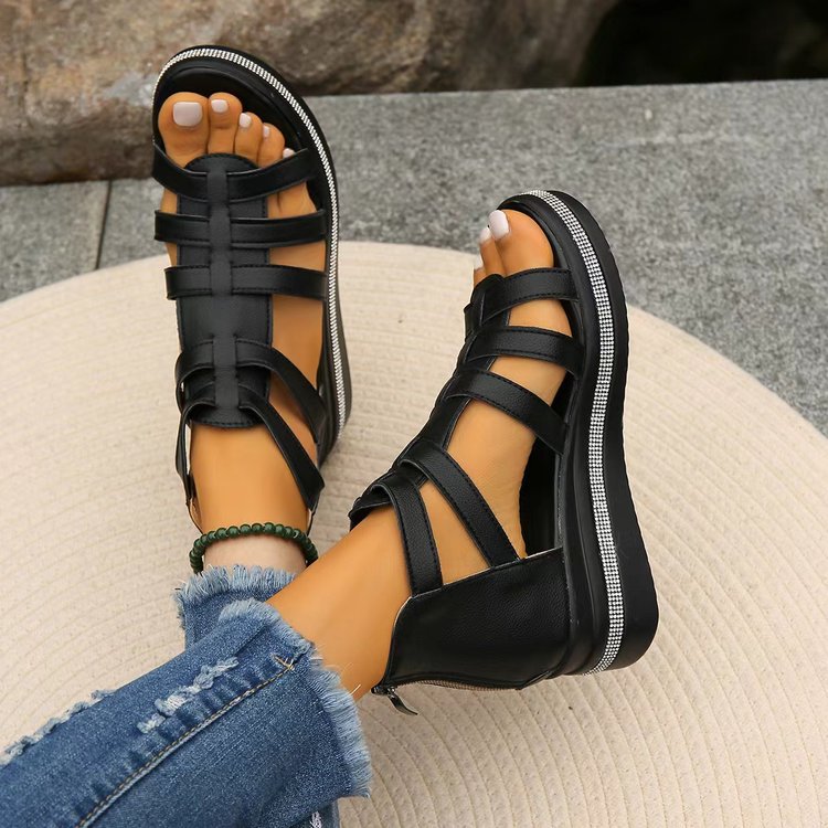 Damen Keil-Sandalen mit Gladiator-Riemen, Reißverschluss und gepolstertem Plateau Mune Fashion