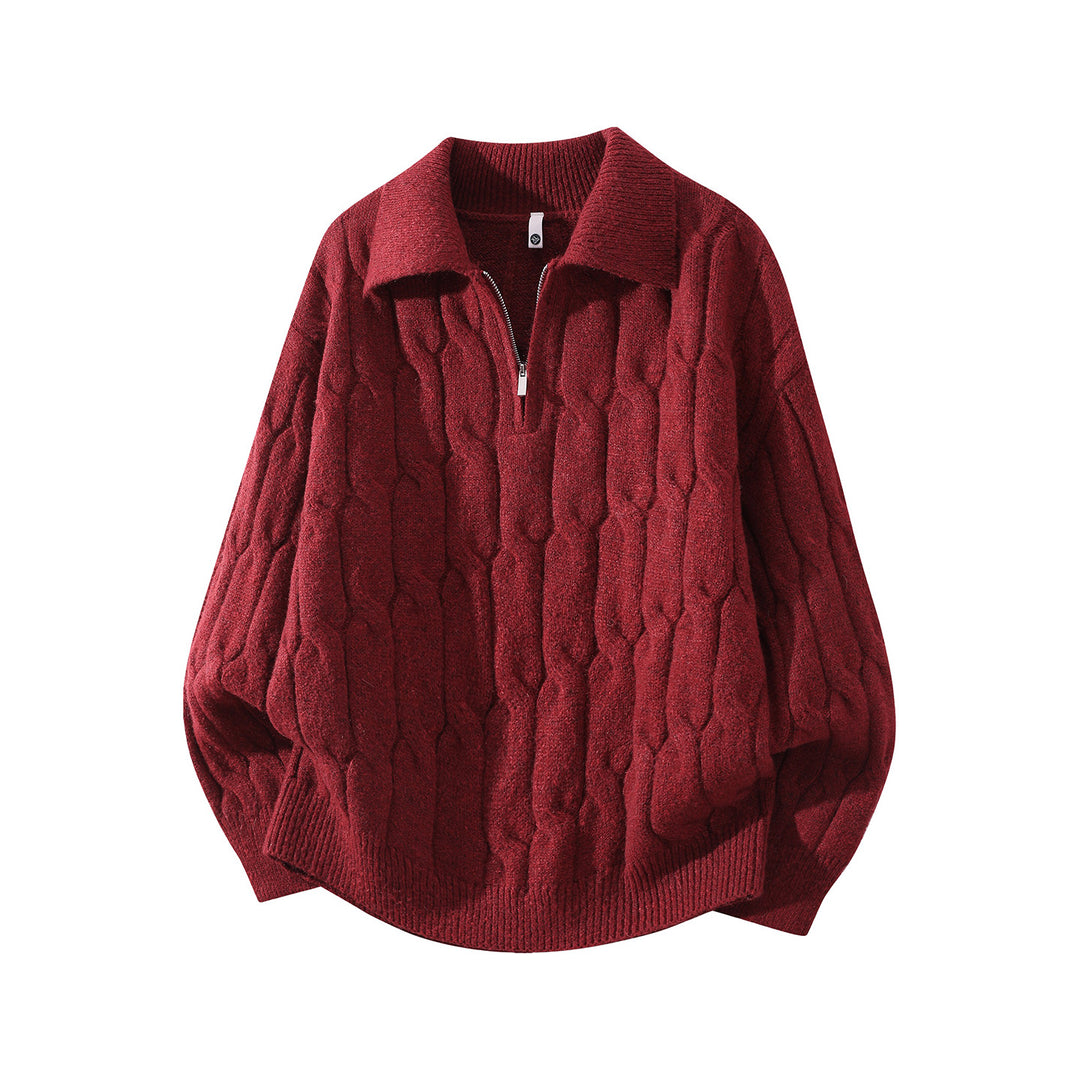 Unisex Oversize Braid Knit Sweater with Half Zip and Shirt Collar Mune Fashion