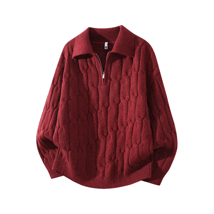 Unisex Oversize Braid Knit Sweater with Half Zip and Shirt Collar Mune Fashion