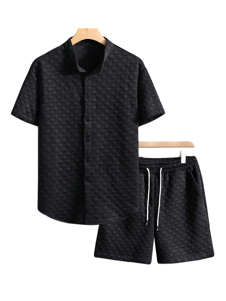 Men's two-piece summer ensemble with stand-up collar shirt jacket and elastic comfort shorts in embossed checked texture Mune Fashion