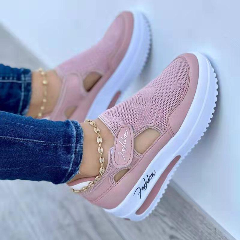 Women Wedge Sneakers with Knitted Upper, Cut-Outs and Velcro Mune Fashion