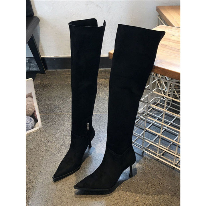 Women's over-the-knee boots in velour look with pointed toe shape and slim heel Mune Fashion
