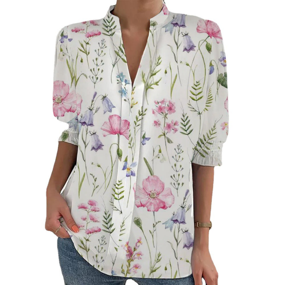 Women Floral Print Tunic Blouse with Stand Collar, Slit V-Placket and Gathered 3/4 Sleeves Mune Fashion