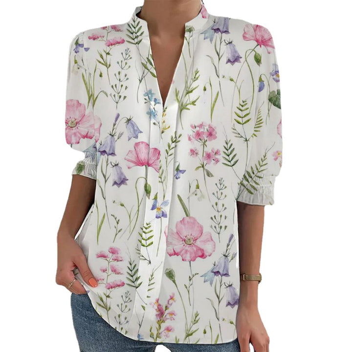 Women Floral Print Tunic Blouse with Stand Collar, Slit V-Placket and Gathered 3/4 Sleeves Mune Fashion