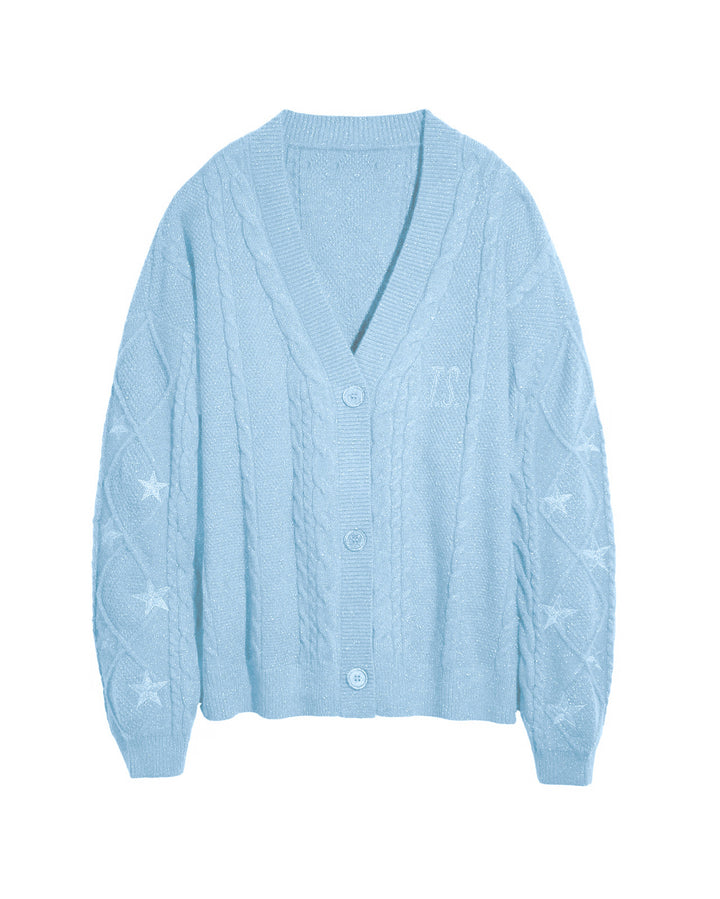 Women's oversized chunky knit cardigan with cable pattern, V-neck and star embroidery Mune Fashion