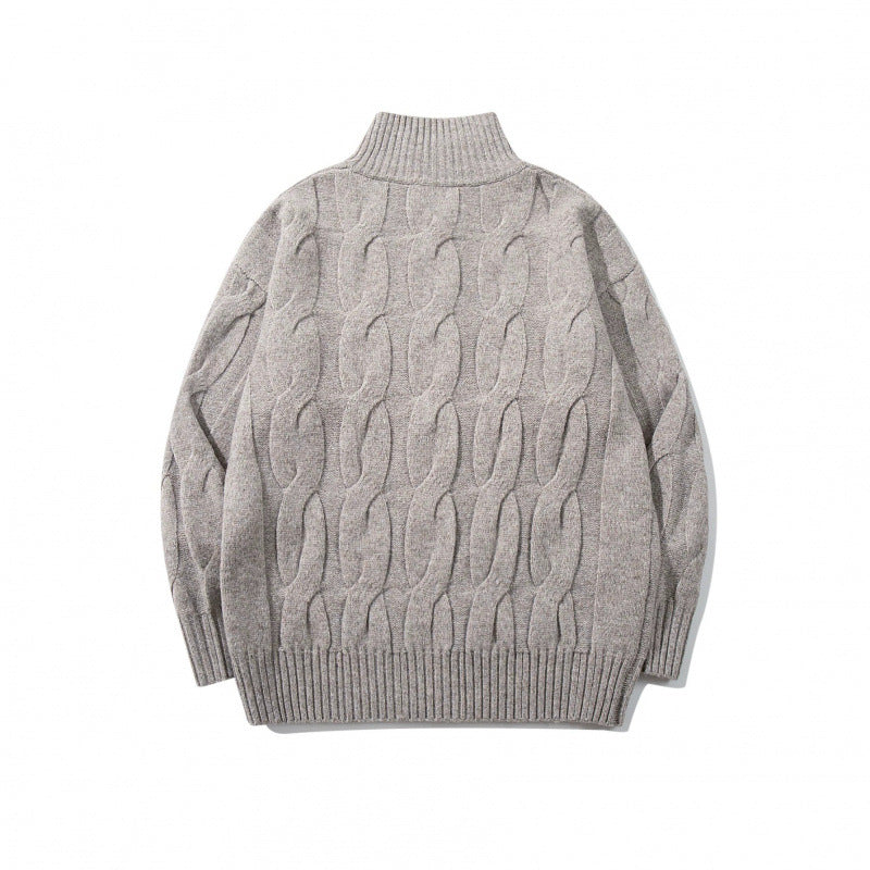 Unisex Chunky Knit Zip-up Cardigan with Cable Pattern and High Ribbed Collar Mune Fashion