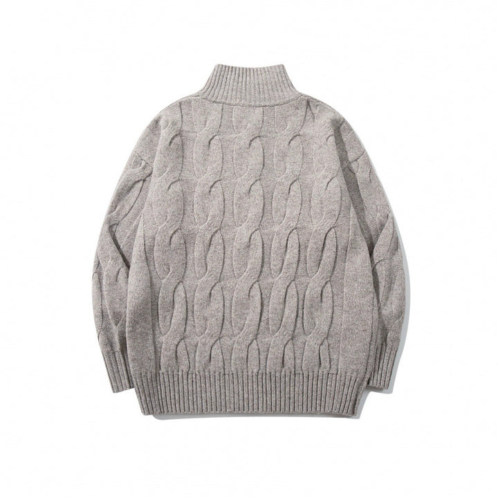 Unisex Chunky Knit Zip-up Cardigan with Cable Pattern and High Ribbed Collar Mune Fashion