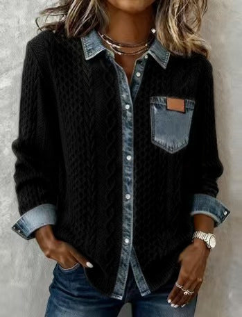 Women’s knit cardigan with denim-look collar, decorative button placket and chest pocket Mune Fashion