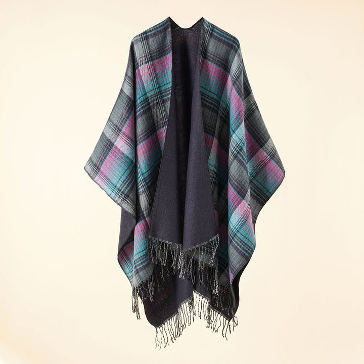 Ladies Kastiger Plaid-Ruana made of lightweight wool blend with decorative fringed hem Mune Fashion