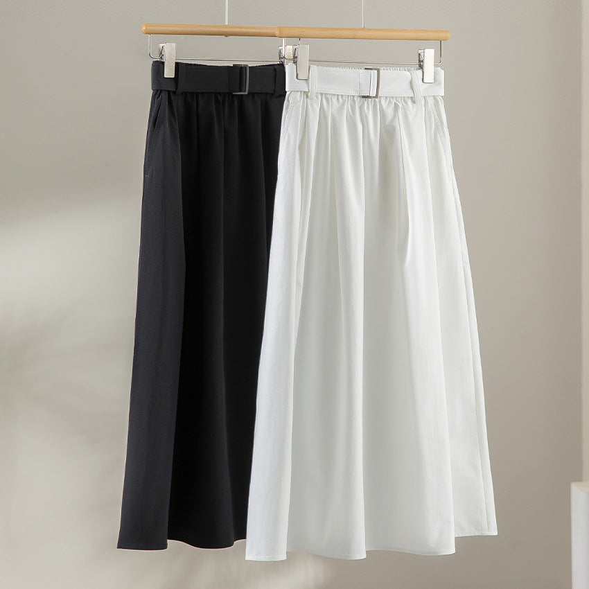 Women's Mid-length A-line Skirt with High Waist, Pleats and Waist Belt Mune Fashion