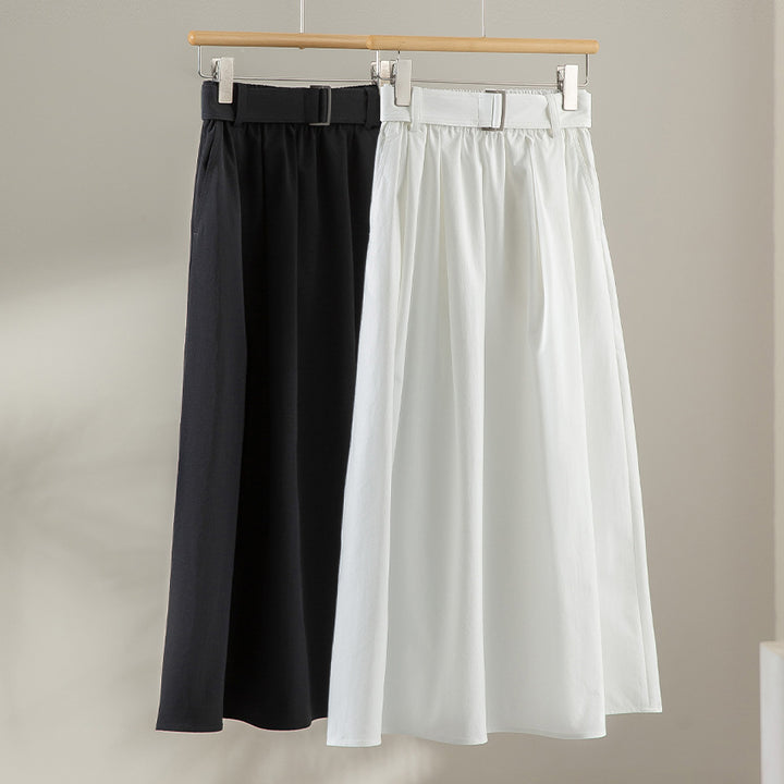Women's Mid-length A-line Skirt with High Waist, Pleats and Waist Belt Mune Fashion