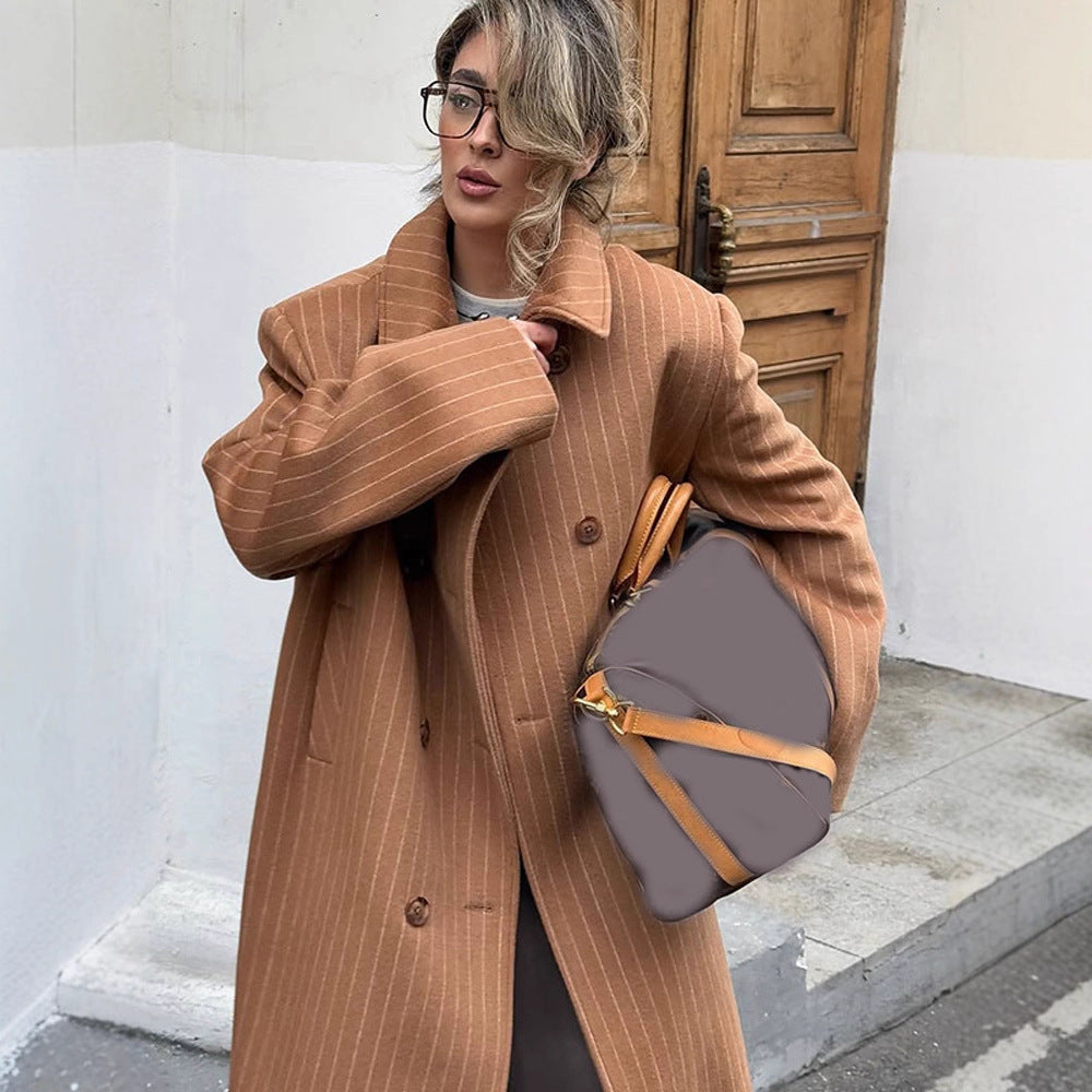 Women Double-Breasted Oversized Wool Blend Coat with Pinstripes and Loose Fit Mune Fashion