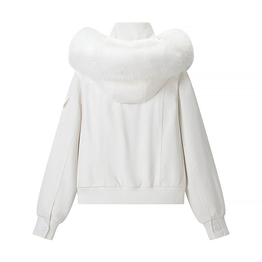 Women's short cut winter bomber jacket with hood and faux fur trim Mune Fashion