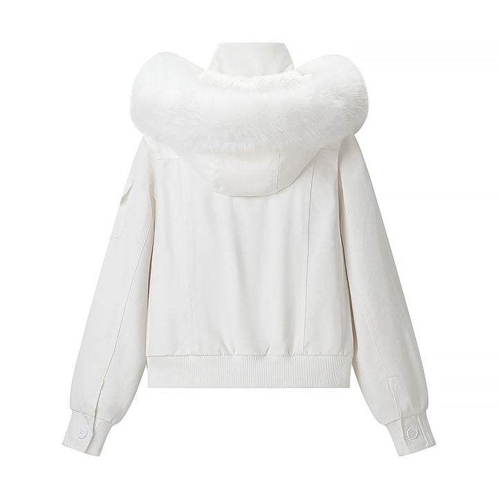 Women's short cut winter bomber jacket with hood and faux fur trim Mune Fashion