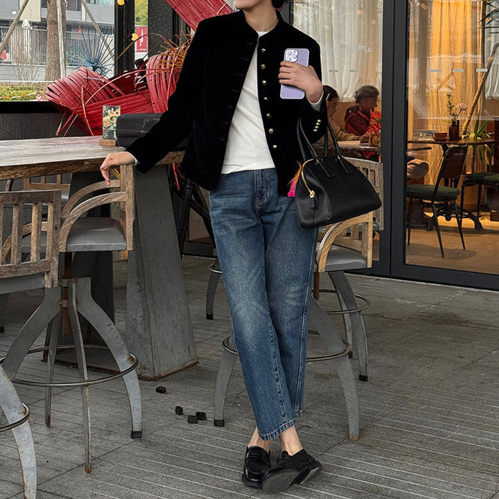 Women's Elegant Velvet Jacket with Button Placket Drune