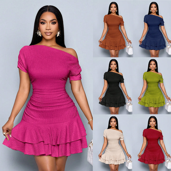 Women Fitted Gathered Off-Shoulder Mini Dress with Tiered Ruffle and Crepe Texture Mune Fashion
