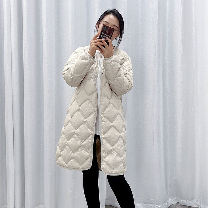 Women's Elegant Long Coat in Quilted Down Look with Diamond Quilting and Concealed Snap Button Placket Mune Fashion