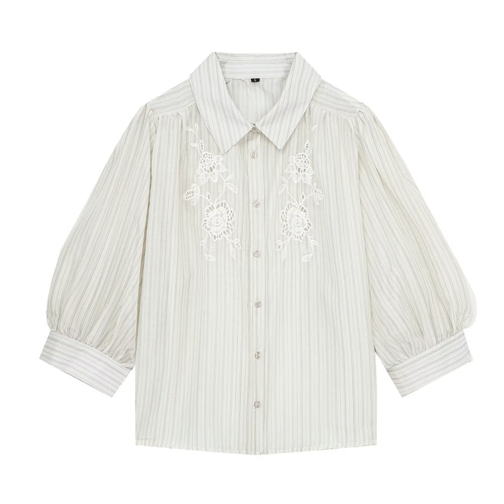 Women's Striped Blouse with Delicate Lace Embroidery and 3/4 Balloon Sleeves