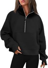 Ladies oversized short pullover with stand-up collar, half zipper and kangaroo pocket Mune Fashion