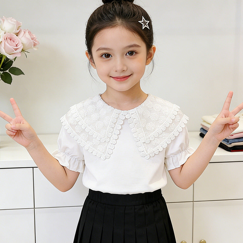 Girls T-shirt with romantic lace collar and ruffle details Mune Fashion
