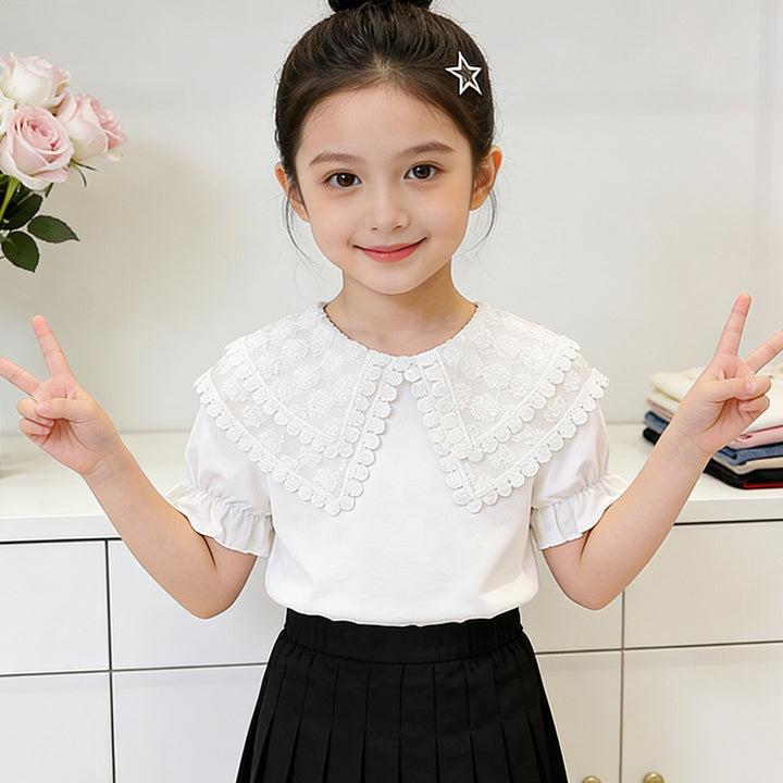 Girls T-shirt with romantic lace collar and ruffle details Mune Fashion